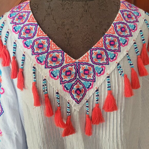 Chicos Embroidered Tunic Top W/ Tassels & Beading - Size 2 Large - Picture 2 of 8